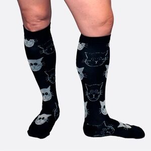 Black Cat Print Compression Socks L–XL Plus Size Cute Travel Support